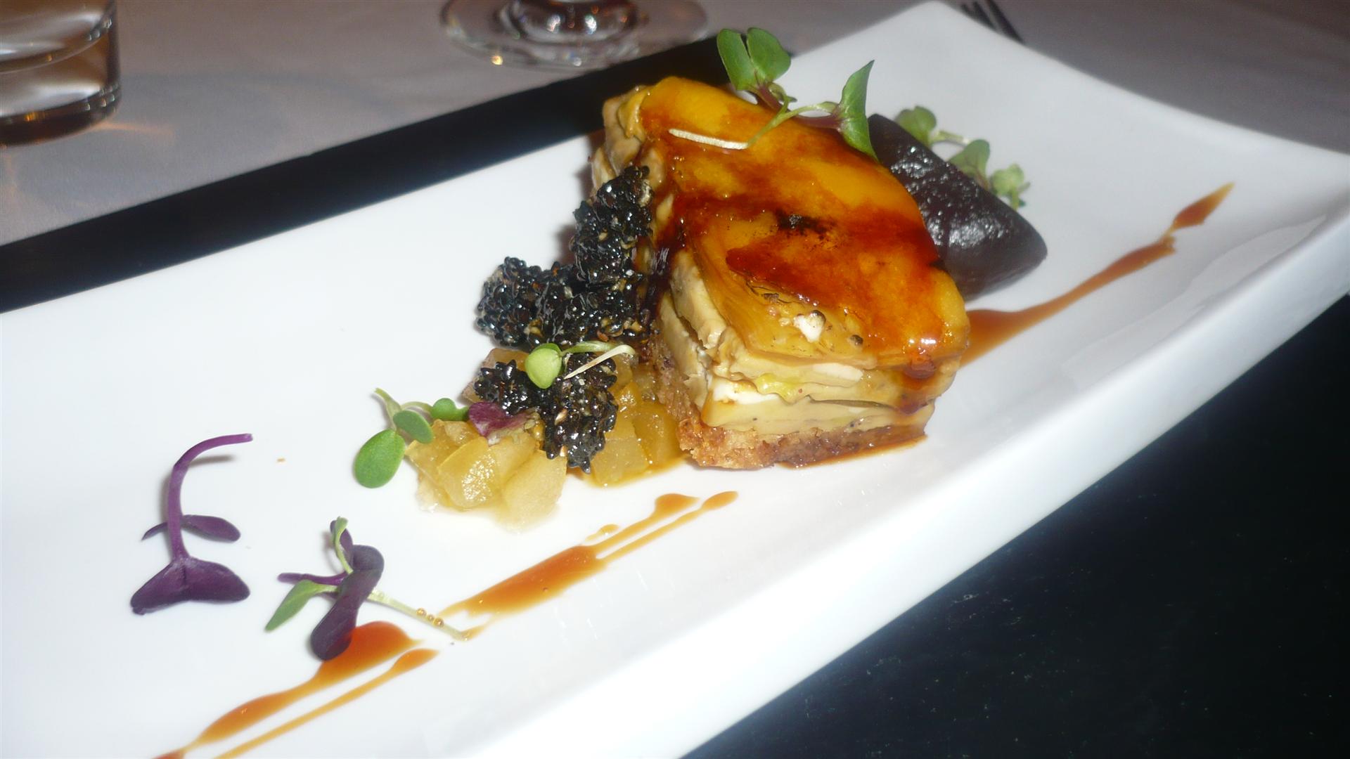 Restaurante Sangonereta (CERRADO) Millefeuille of foie gras, goat cheese and mango with pickled ginger, caramelized fig and black sesame